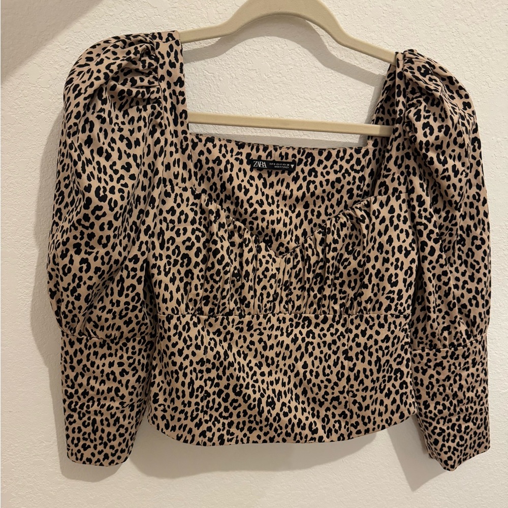 Zara Animal Print Puff Shoulder Crop Top